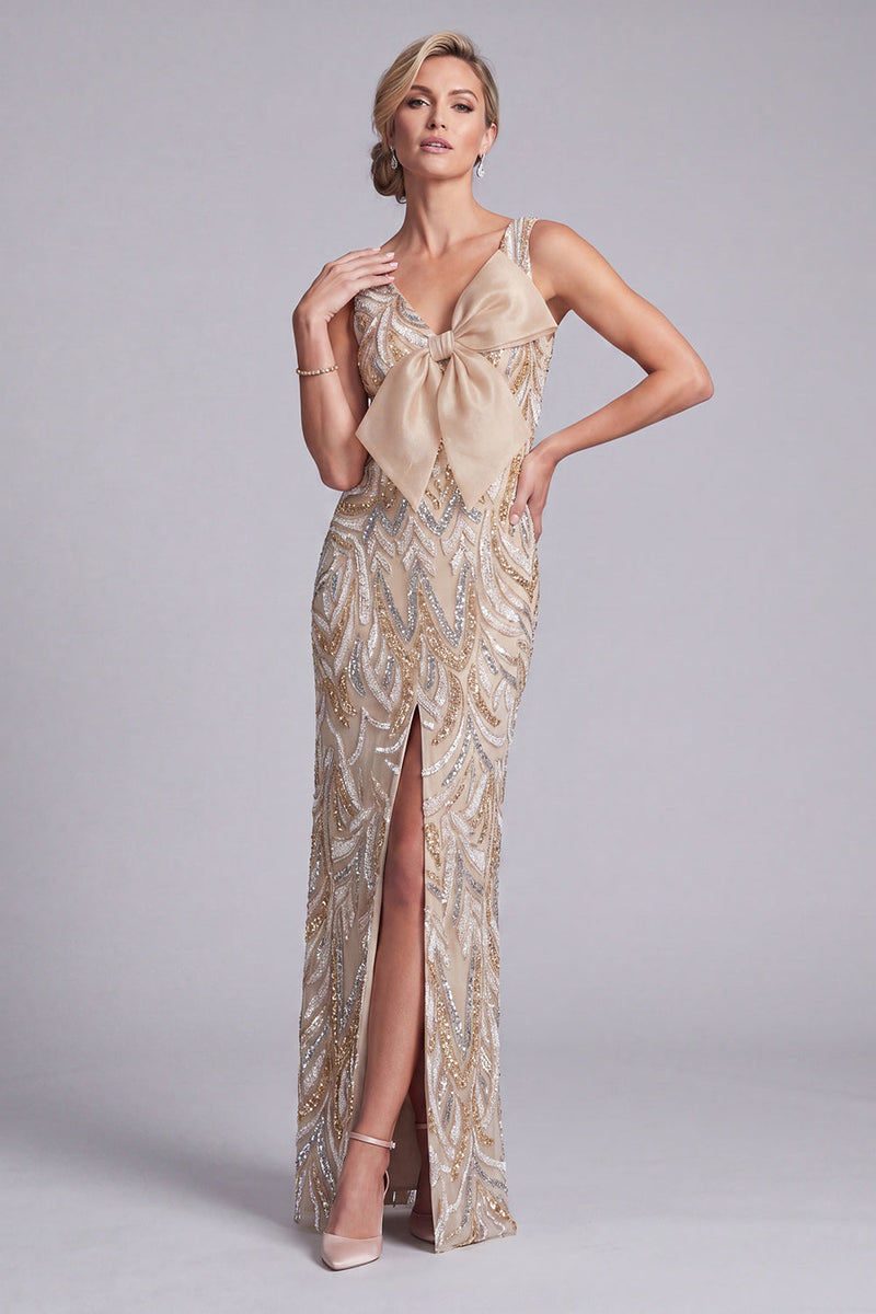 Load image into Gallery viewer, V-Neck Champagne Sparkly Long Beaded Mother of the Bride Dress with Bow