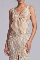 Load image into Gallery viewer, V-Neck Champagne Sparkly Long Beaded Mother of the Bride Dress with Bow