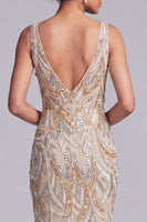 Load image into Gallery viewer, V-Neck Champagne Sparkly Long Beaded Mother of the Bride Dress with Bow
