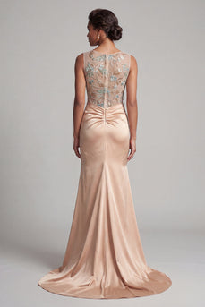 Mermaid Floral Long Ruched Champagne Beaded Mother of the Bride Dress
