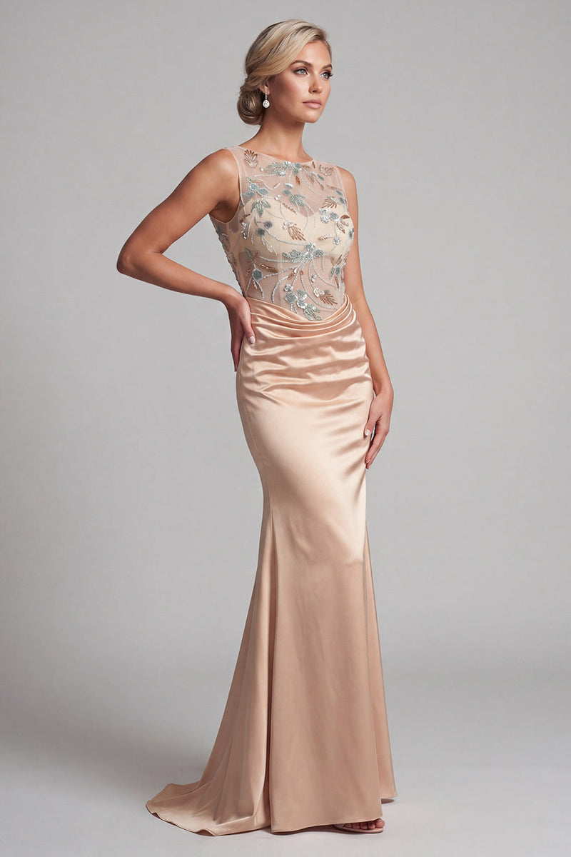 Load image into Gallery viewer, Mermaid Floral Long Ruched Champagne Beaded Mother of the Bride Dress