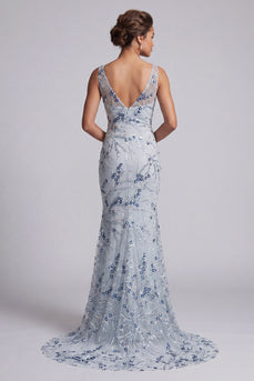 Sparkly Long Floral Beaded Light Blue Mermaid Mother of the Bride Dress