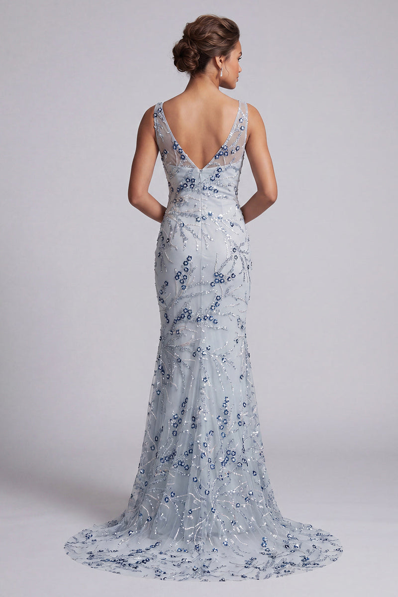 Load image into Gallery viewer, Sparkly Long Floral Beaded Light Blue Mermaid Mother of the Bride Dress