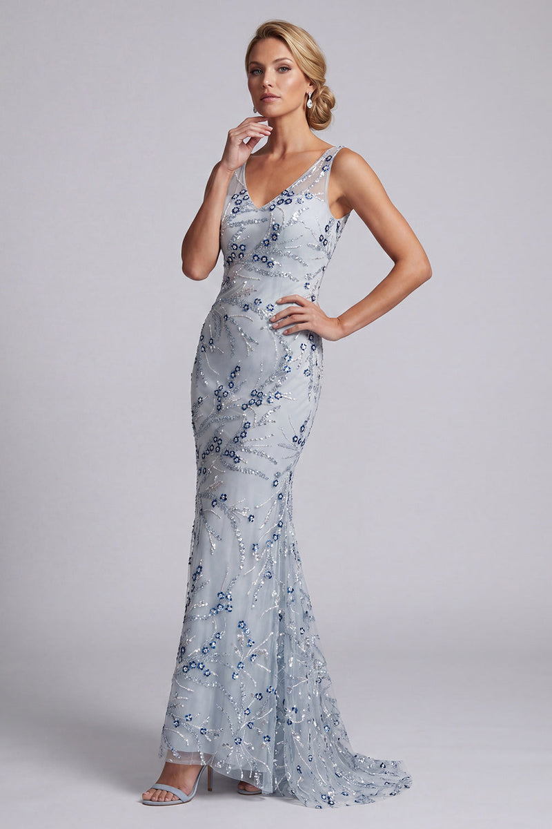 Load image into Gallery viewer, Sparkly Long Floral Beaded Light Blue Mermaid Mother of the Bride Dress