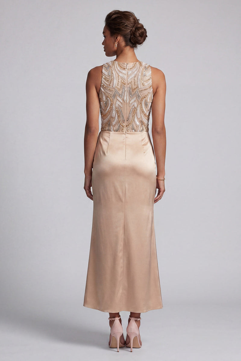 Load image into Gallery viewer, Sparkly Long Beaded Mermaid Champagne Mother of the Bride Dress with Sash