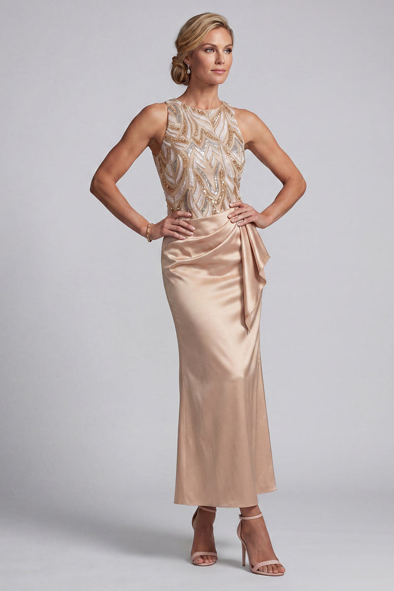 Load image into Gallery viewer, Sparkly Long Beaded Mermaid Champagne Mother of the Bride Dress with Sash