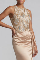 Load image into Gallery viewer, Sparkly Long Beaded Mermaid Champagne Mother of the Bride Dress with Sash