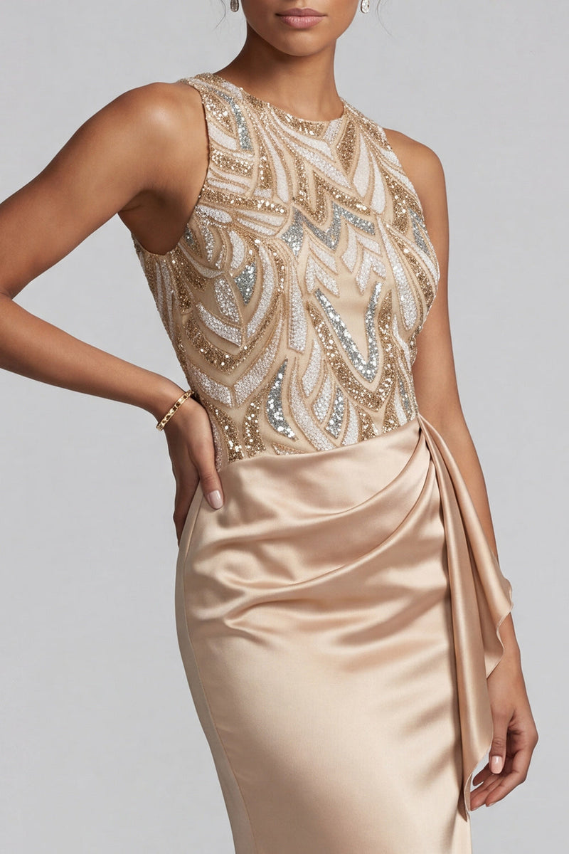 Load image into Gallery viewer, Sparkly Long Beaded Mermaid Champagne Mother of the Bride Dress with Sash