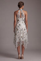 Load image into Gallery viewer, Sparkly Grey Blue Floral A Line Beaded Asymmetrical Mother of the Bride Dress