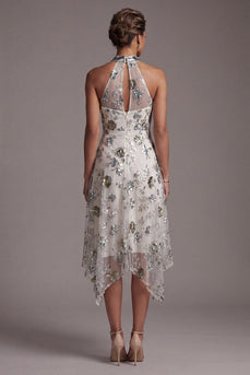 Sparkly Grey Blue Floral A Line Beaded Asymmetrical Mother of the Bride Dress