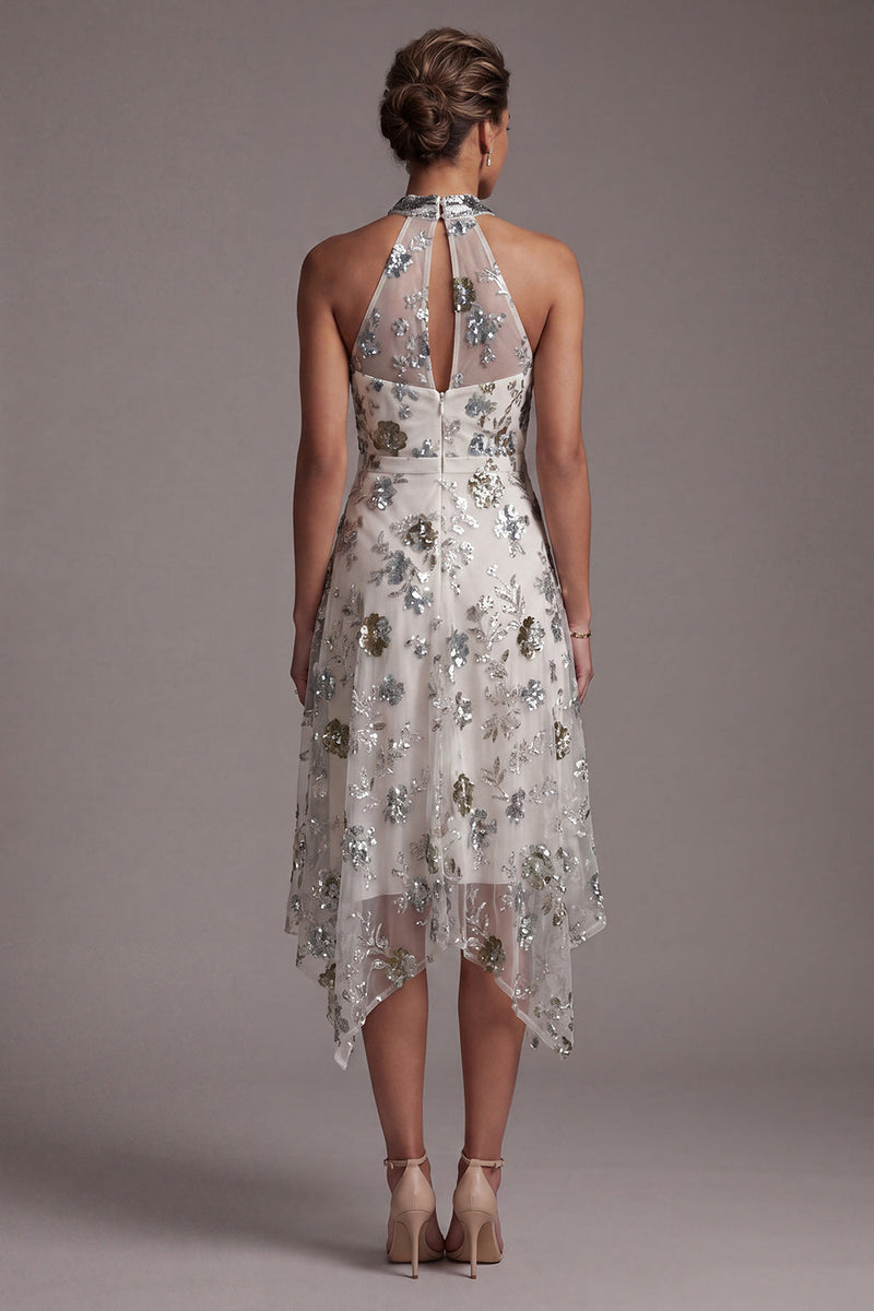 Load image into Gallery viewer, Sparkly Grey Blue Floral A Line Beaded Asymmetrical Mother of the Bride Dress