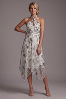 Load image into Gallery viewer, Sparkly Grey Blue Floral A Line Beaded Asymmetrical Mother of the Bride Dress