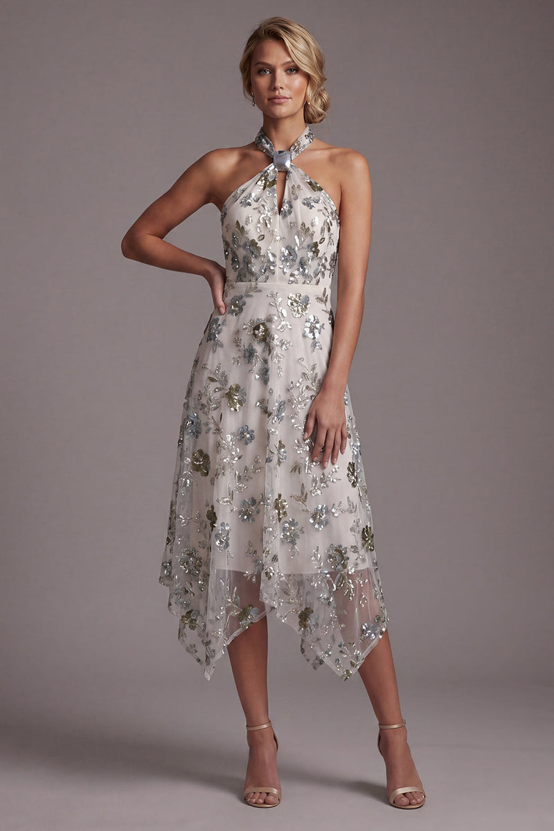 Load image into Gallery viewer, Sparkly Grey Blue Floral A Line Beaded Asymmetrical Mother of the Bride Dress