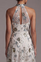 Load image into Gallery viewer, Sparkly Grey Blue Floral A Line Beaded Asymmetrical Mother of the Bride Dress