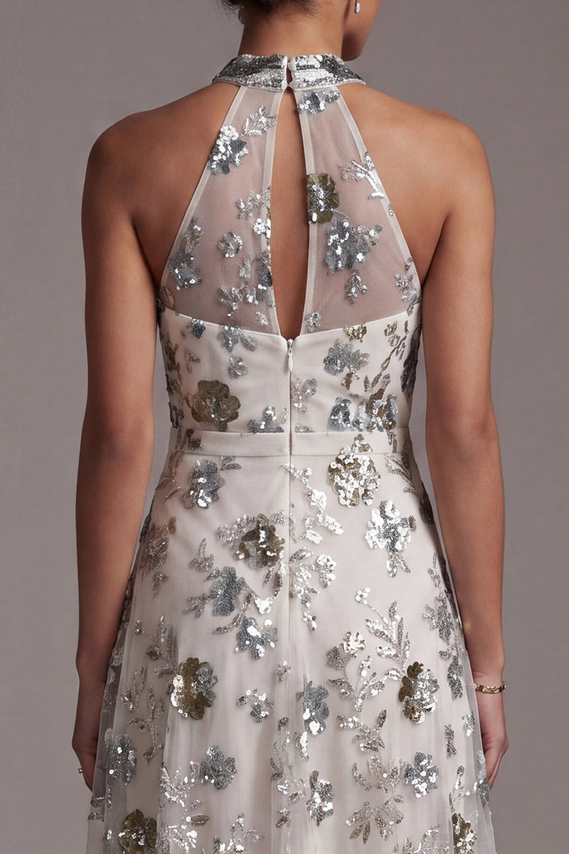 Load image into Gallery viewer, Sparkly Grey Blue Floral A Line Beaded Asymmetrical Mother of the Bride Dress
