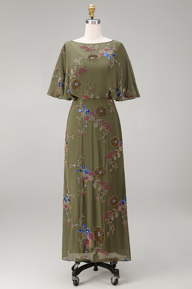 Load image into Gallery viewer, Floral Beaded Mermaid Olive Long Mother of the Bride Dress with Cape