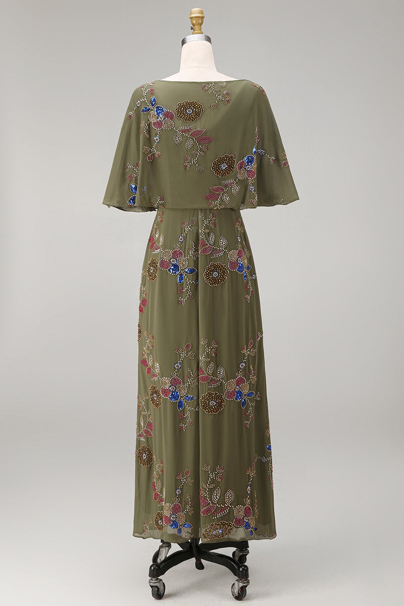 Load image into Gallery viewer, Floral Beaded Mermaid Olive Long Mother of the Bride Dress with Cape