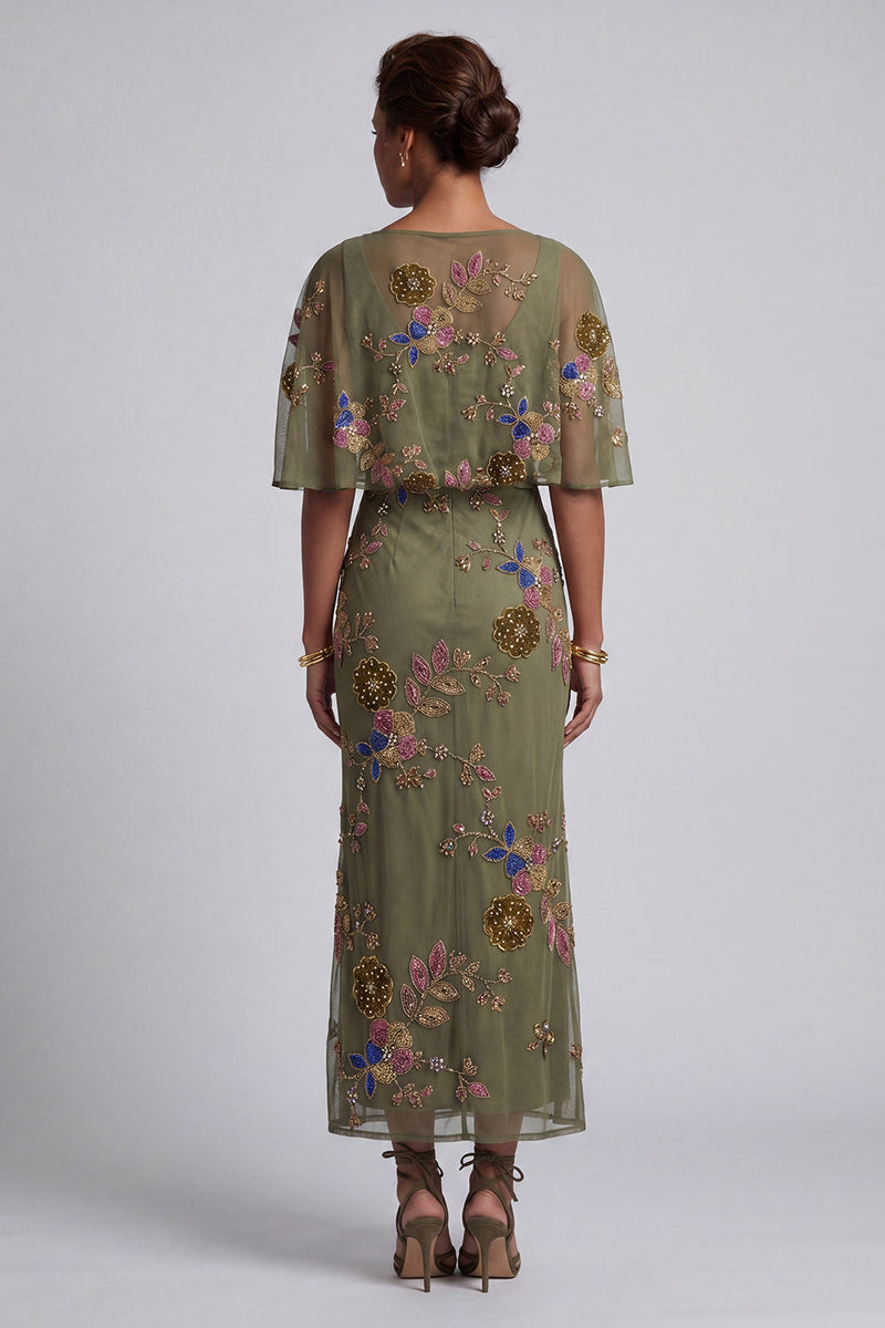Load image into Gallery viewer, Floral Beaded Mermaid Olive Long Mother of the Bride Dress with Cape