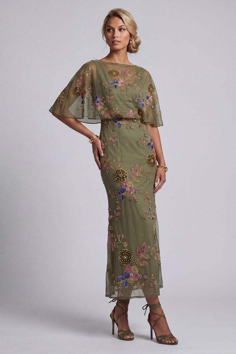 Load image into Gallery viewer, Floral Beaded Mermaid Olive Long Mother of the Bride Dress with Cape