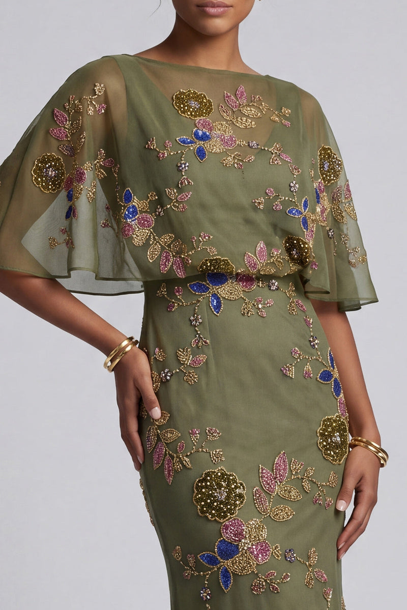 Load image into Gallery viewer, Floral Beaded Mermaid Olive Long Mother of the Bride Dress with Cape