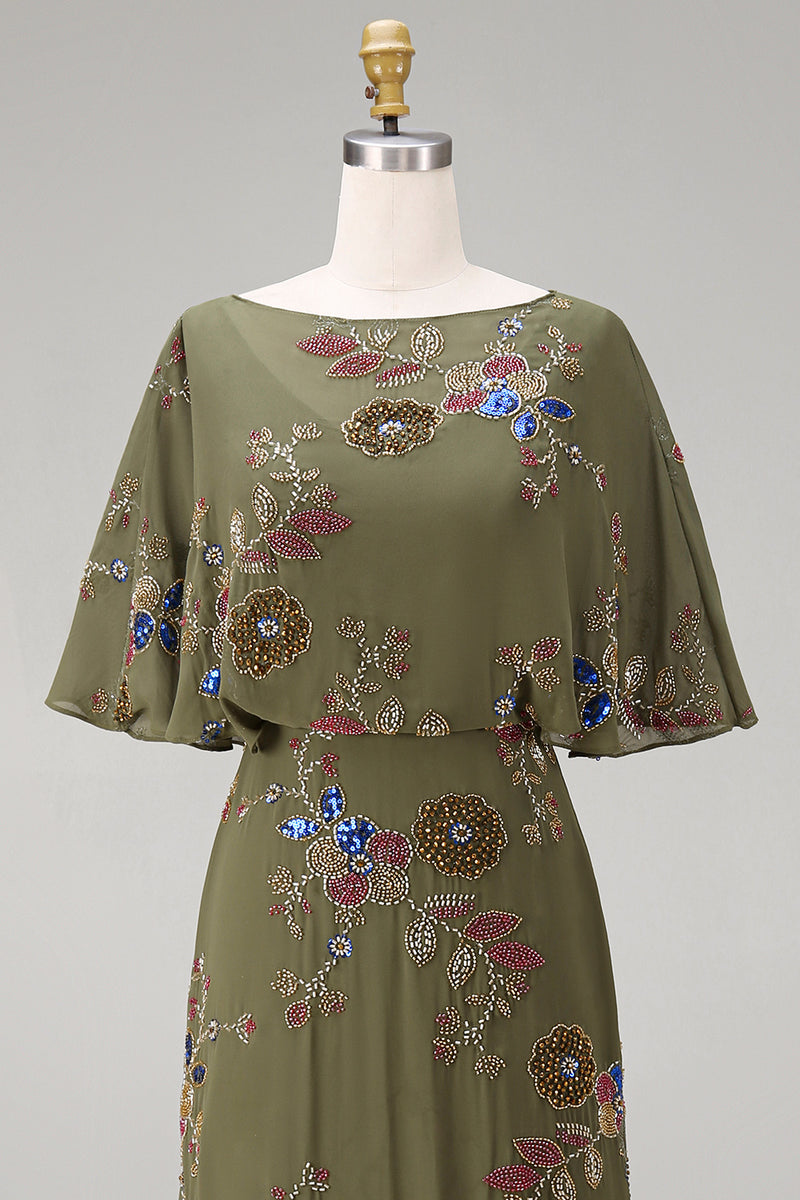 Load image into Gallery viewer, Floral Beaded Mermaid Olive Long Mother of the Bride Dress with Cape