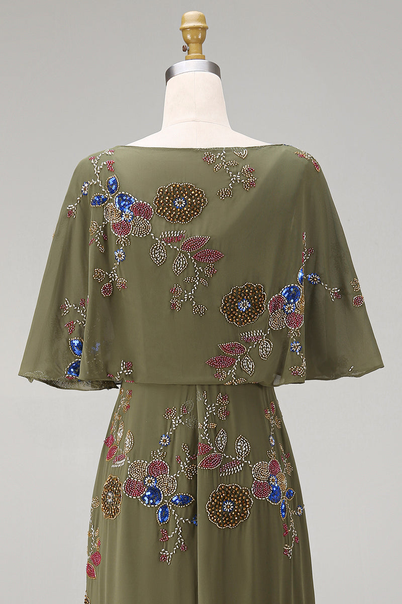 Load image into Gallery viewer, Floral Beaded Mermaid Olive Long Mother of the Bride Dress with Cape