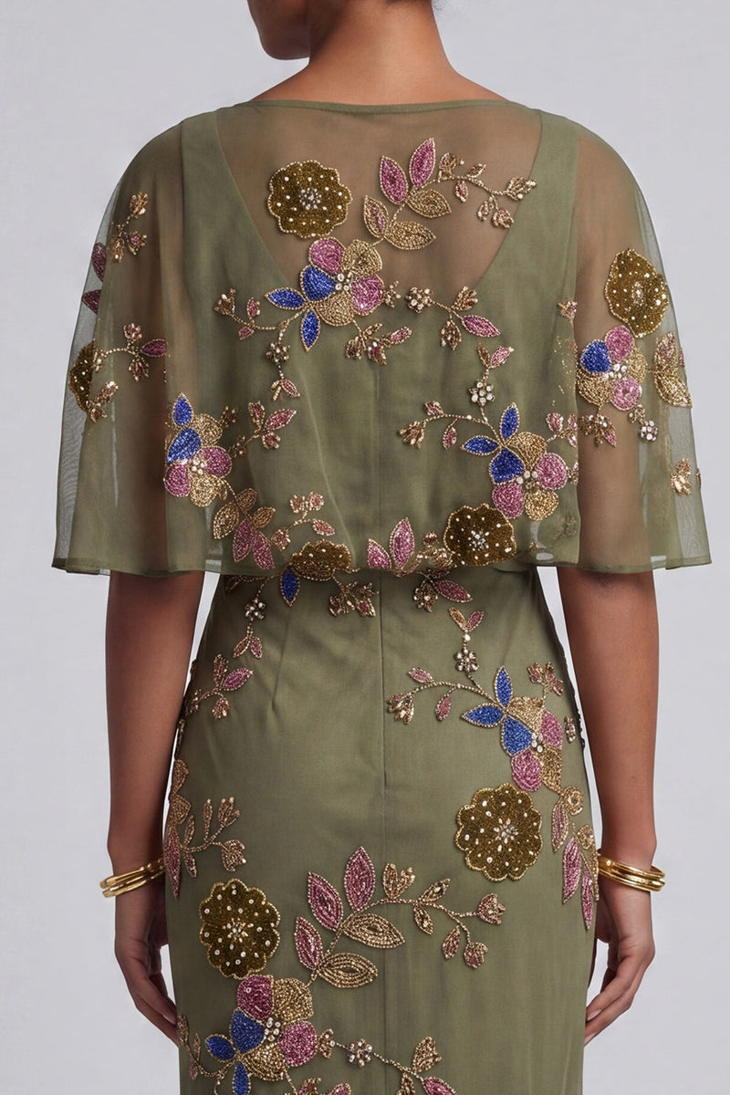 Load image into Gallery viewer, Floral Beaded Mermaid Olive Long Mother of the Bride Dress with Cape