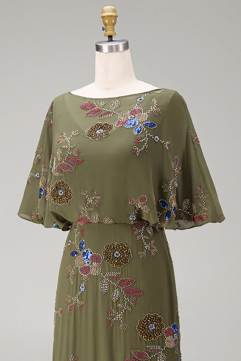 Load image into Gallery viewer, Floral Beaded Mermaid Olive Long Mother of the Bride Dress with Cape