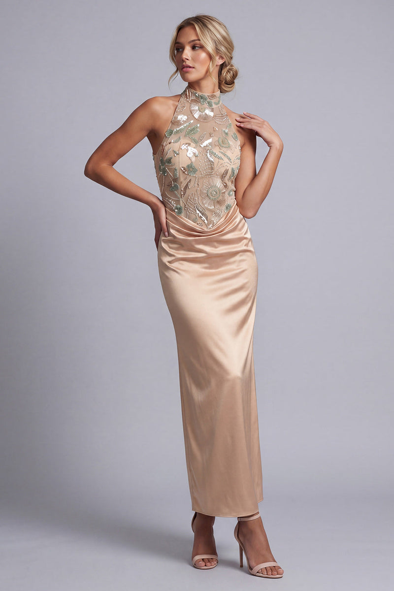 Load image into Gallery viewer, Champagne Floral Beaded Long Mermaid Mother of the Bride Dress