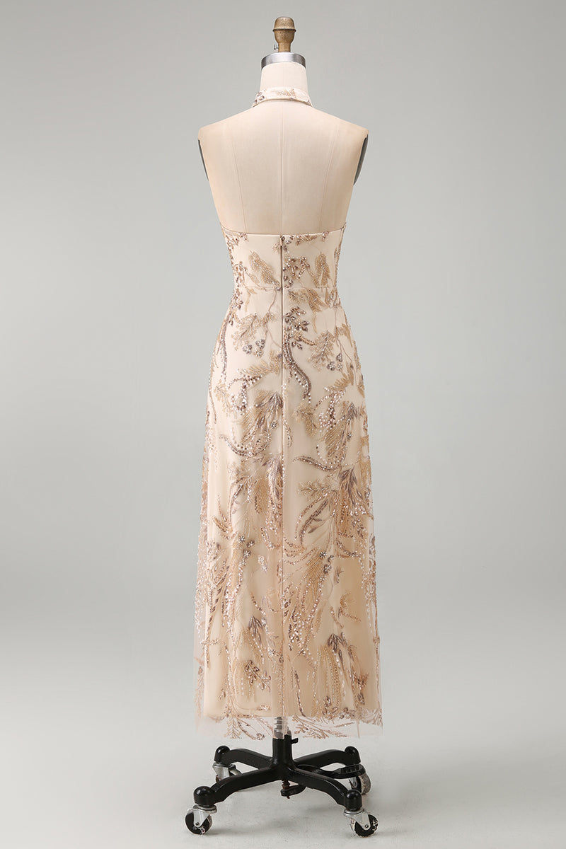 Load image into Gallery viewer, Sparkly Keyhole A Line Champagne Long Beaded Mother of the Bride Dress