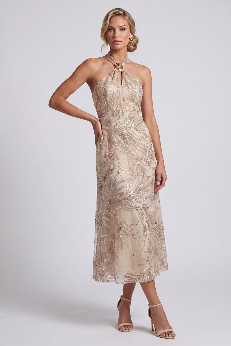 Load image into Gallery viewer, Sparkly Keyhole A Line Champagne Long Beaded Mother of the Bride Dress