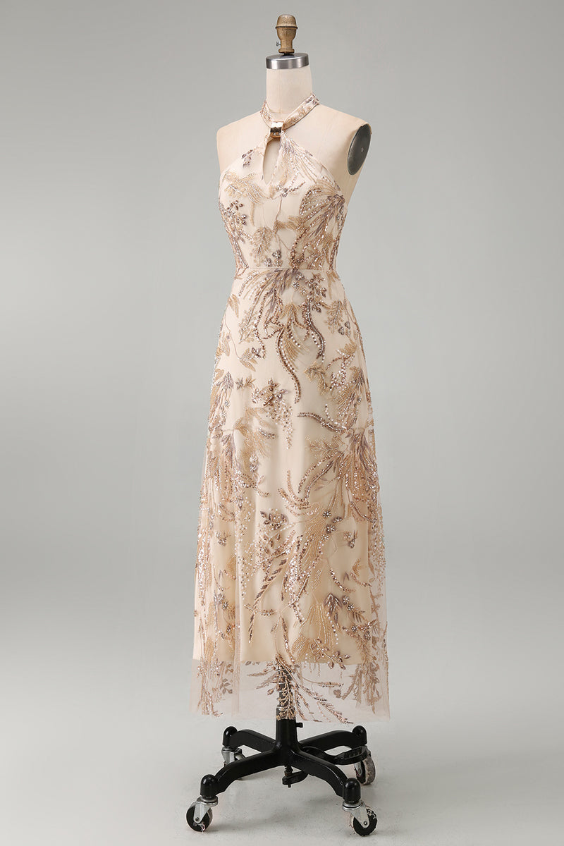 Load image into Gallery viewer, Sparkly Keyhole A Line Champagne Long Beaded Mother of the Bride Dress