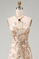 Load image into Gallery viewer, Sparkly Keyhole A Line Champagne Long Beaded Mother of the Bride Dress