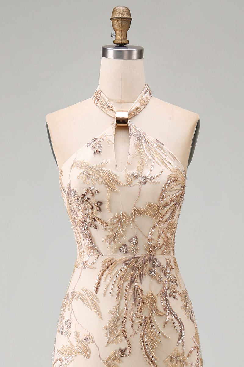 Load image into Gallery viewer, Sparkly Keyhole A Line Champagne Long Beaded Mother of the Bride Dress