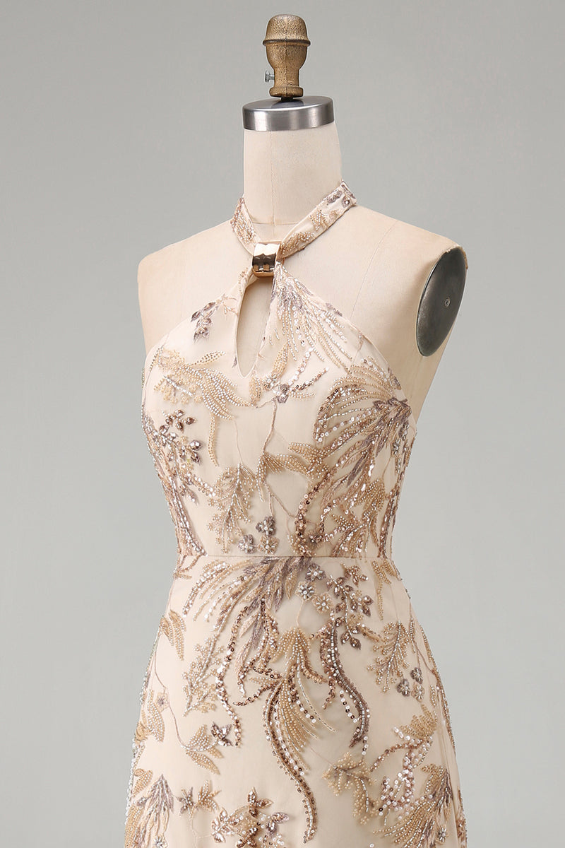 Load image into Gallery viewer, Sparkly Keyhole A Line Champagne Long Beaded Mother of the Bride Dress