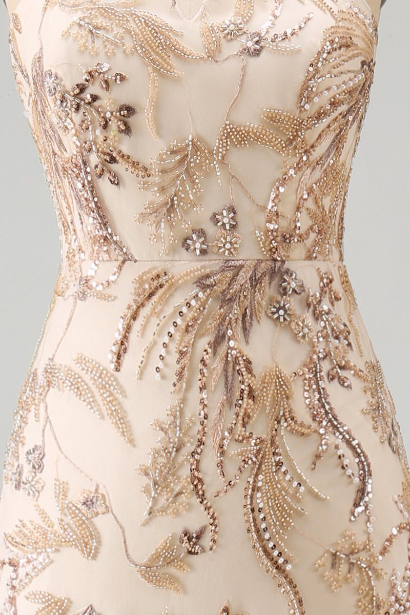 Load image into Gallery viewer, Sparkly Keyhole A Line Champagne Long Beaded Mother of the Bride Dress