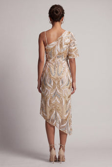 Sparkly One Shoulder Champagne Long Beaded Mother of the Bride Dress
