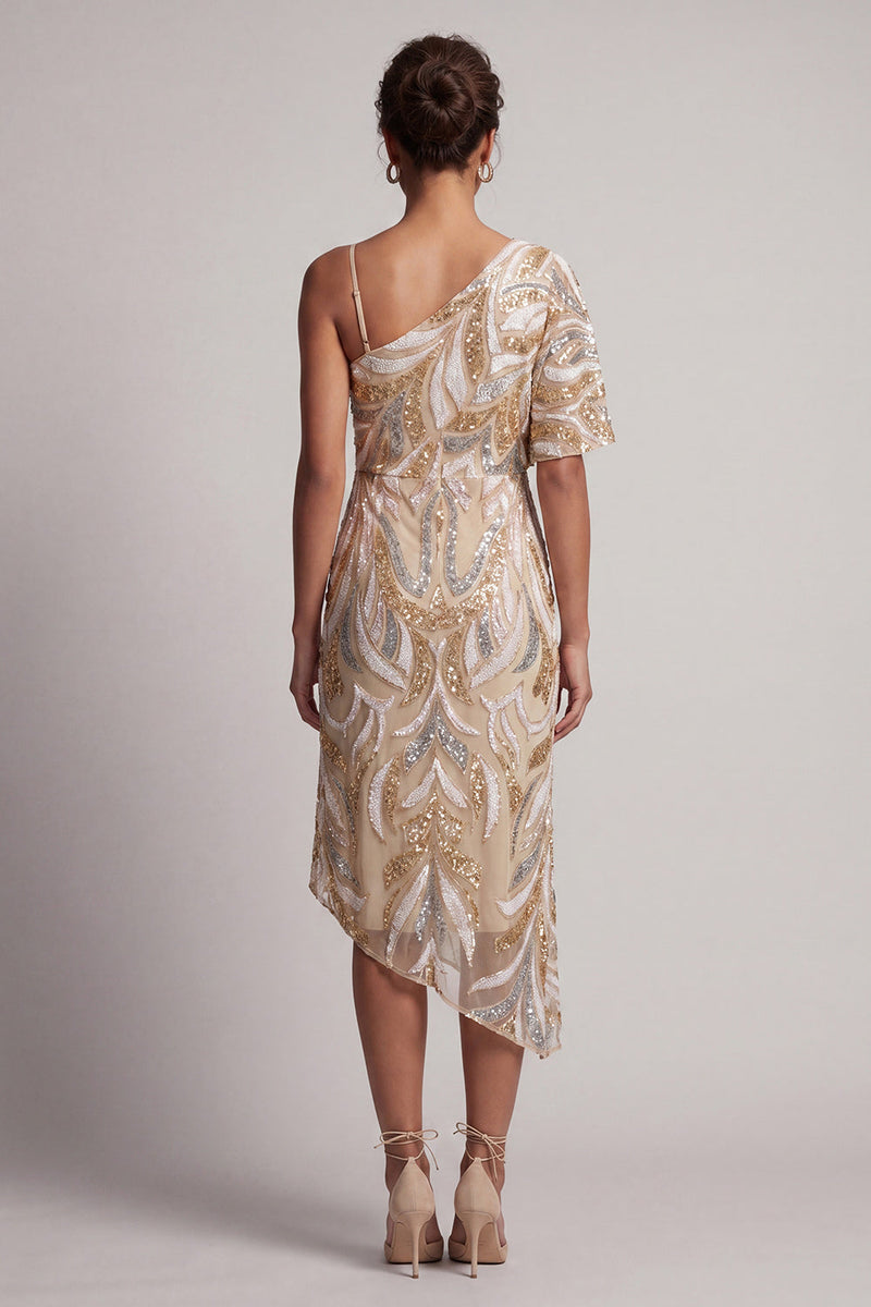 Load image into Gallery viewer, Sparkly One Shoulder Champagne Long Beaded Mother of the Bride Dress
