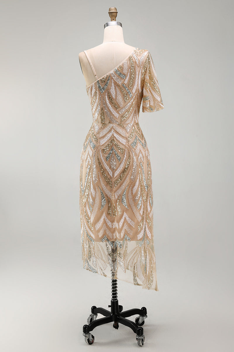 Load image into Gallery viewer, Sparkly One Shoulder Champagne Long Beaded Mother of the Bride Dress