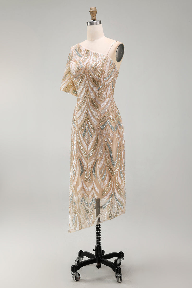 Load image into Gallery viewer, Sparkly One Shoulder Champagne Long Beaded Mother of the Bride Dress