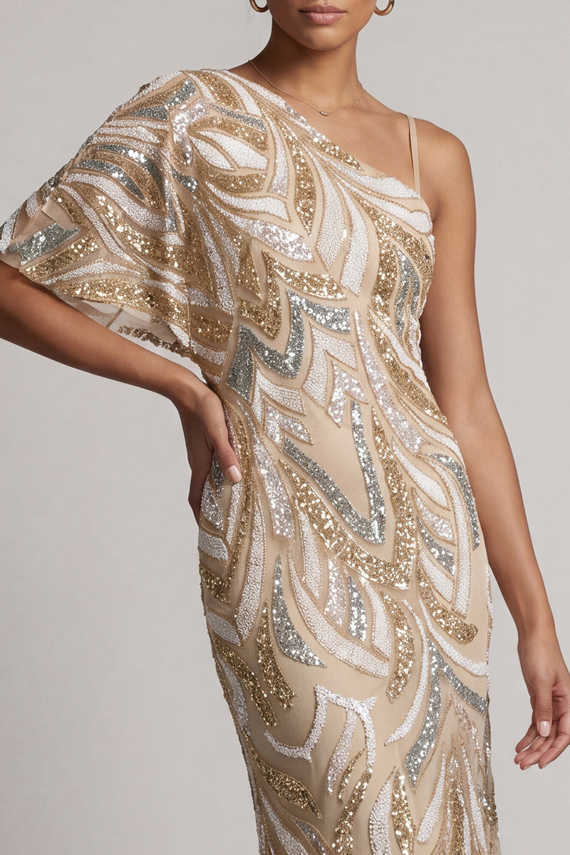 Load image into Gallery viewer, Sparkly One Shoulder Champagne Long Beaded Mother of the Bride Dress