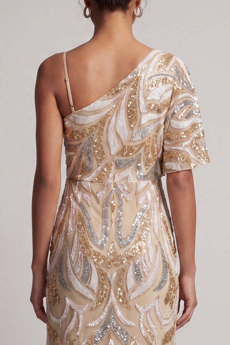 Load image into Gallery viewer, Sparkly One Shoulder Champagne Long Beaded Mother of the Bride Dress