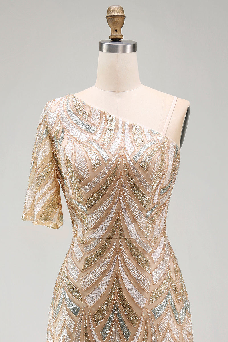 Load image into Gallery viewer, Sparkly One Shoulder Champagne Long Beaded Mother of the Bride Dress