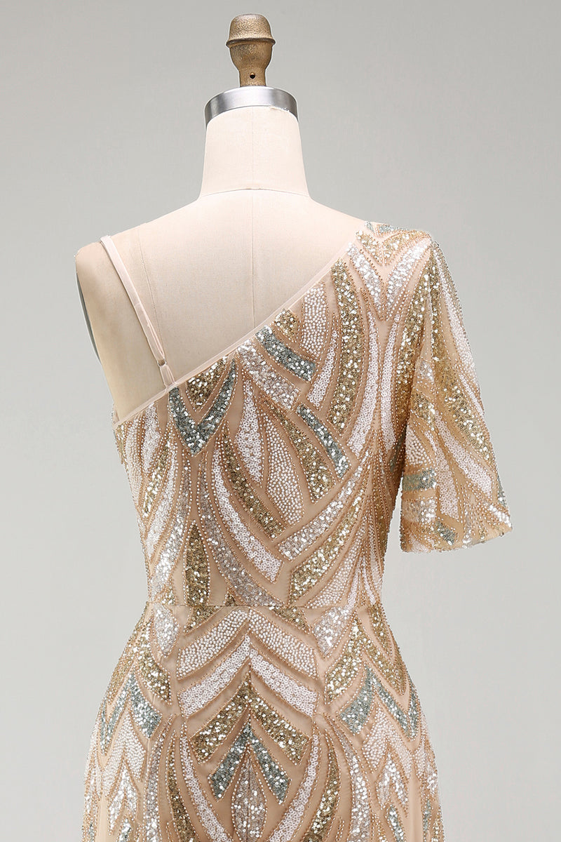 Load image into Gallery viewer, Sparkly One Shoulder Champagne Long Beaded Mother of the Bride Dress