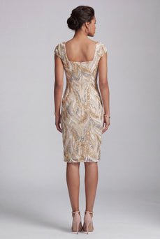 Sparkly Square Neck Champagne Midi Beaded Mother of the Bride Dress