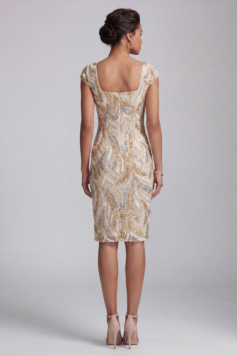 Load image into Gallery viewer, Sparkly Square Neck Champagne Midi Beaded Mother of the Bride Dress