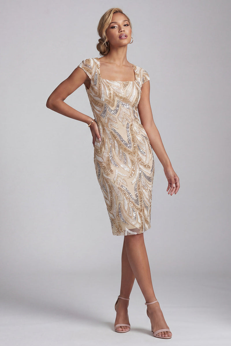 Load image into Gallery viewer, Sparkly Square Neck Champagne Midi Beaded Mother of the Bride Dress