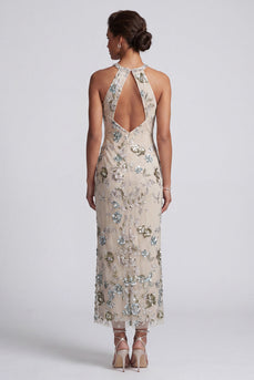 Sparkly Grey Blue Sheath Floral Keyhole Long Beaded Mother of the Bride Dress