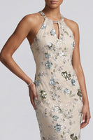 Load image into Gallery viewer, Sparkly Grey Blue Sheath Floral Keyhole Long Beaded Mother of the Bride Dress