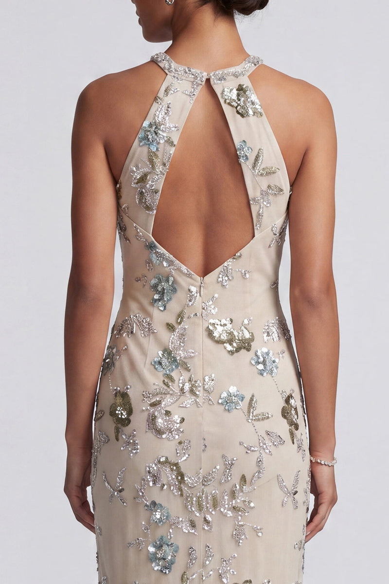 Load image into Gallery viewer, Sparkly Grey Blue Sheath Floral Keyhole Long Beaded Mother of the Bride Dress